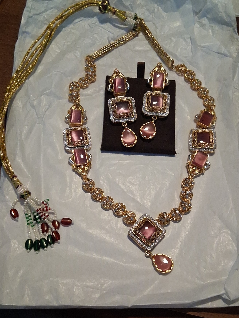 Gold-Tone Pink Stone Necklace & Earring Set